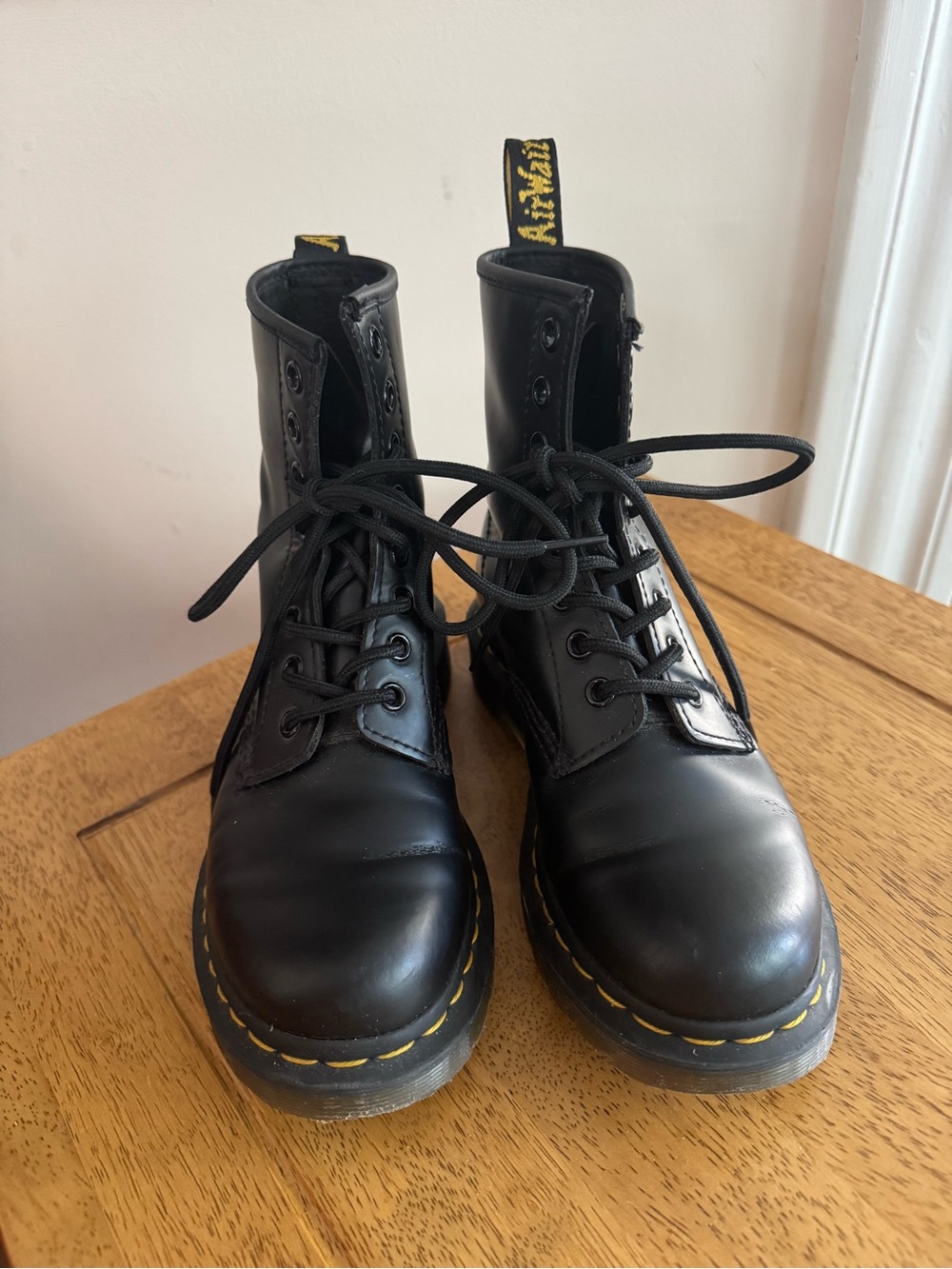 Dr. Martens 1460s Black Leather Lace-Up Boots with Yellow Stitching
